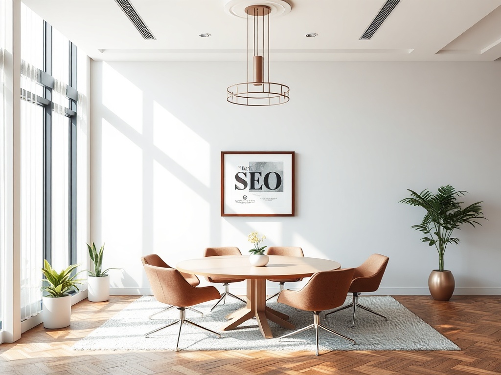 Светлая комната с круглым столом, уютными стульями и растениями, оформленная в современном стиле.