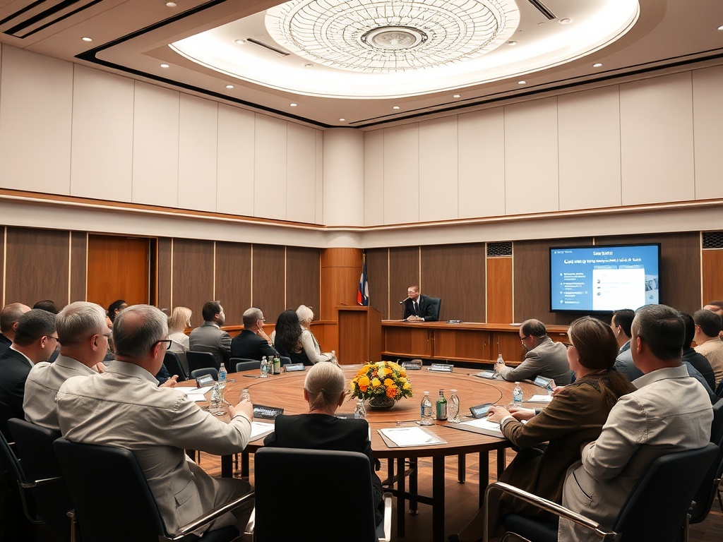 На заседании в конференц-зале собраны участники, выступает выступающий, на экране информация.