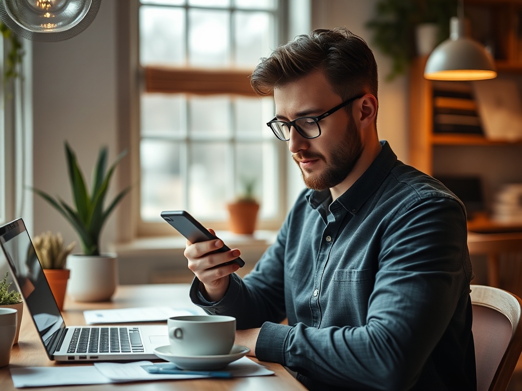 Молодой человек в очках сидит за столом, смотрит на телефон, рядом ноутбук и чашка кофе.