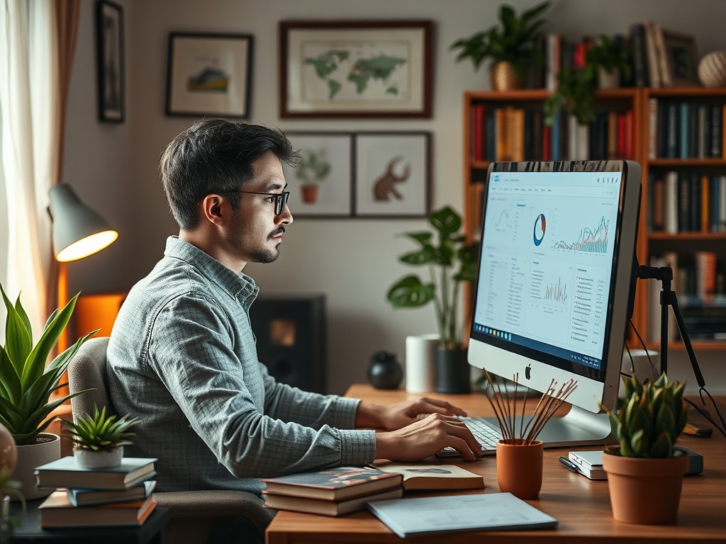 Молодой человек за компьютером в уютном офисе, работающий с графиками и данными. Растения на столе.