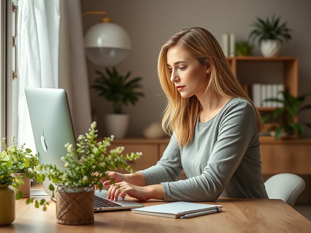 Женщина работает за компьютером в уютном офисе среди зелёных растений и дневного света.