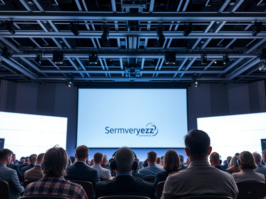 Аудитория на конференции, на экране логотип компании "Sermveryezz".