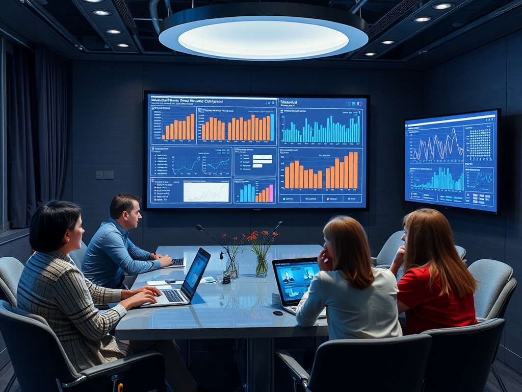 Группа людей на совещании в современном офисе с графиками и анализом данных на экранах.