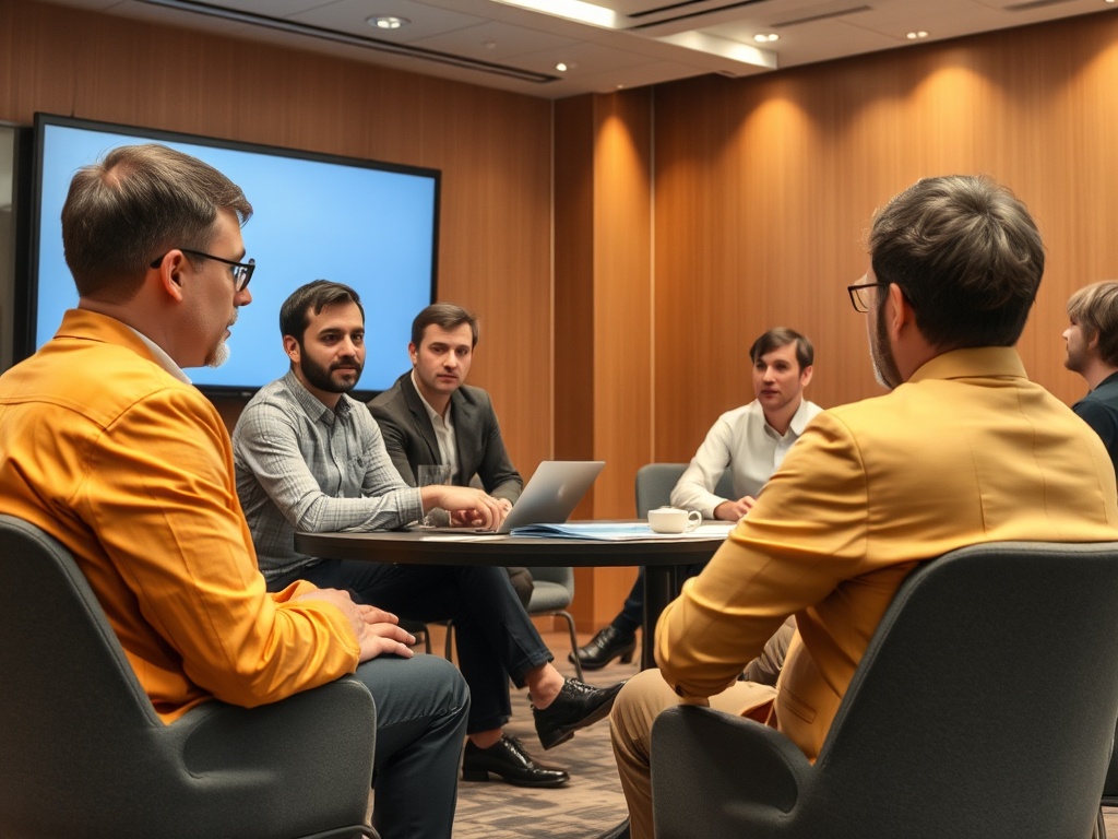 Группа бизнесменов ведет обсуждение в конференц-зале, сидя за круглым столом. На стене - экран.