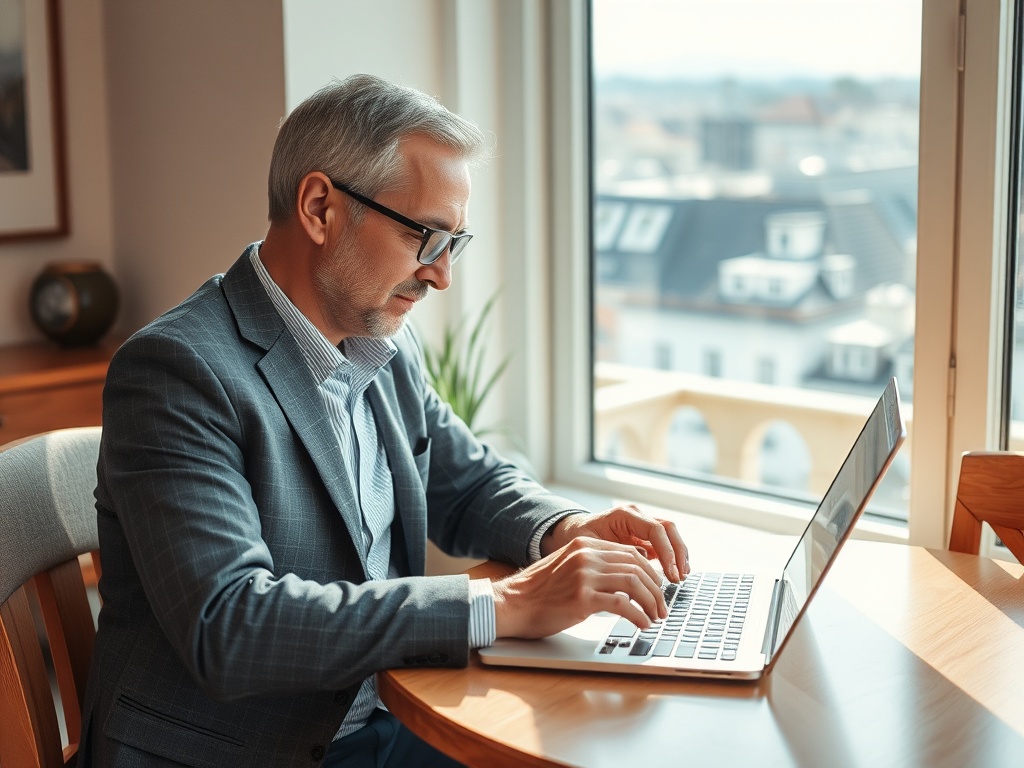 Мужчина в деловом костюме работает за ноутбуком у окна с видом на город. В комнате светло и уютно.